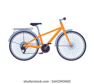 Road Bicycle, Ecological Sport Transport, Orange Bike Side View Flat Vector Illustration