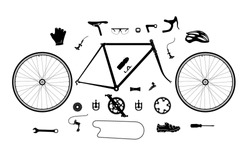 Road Bicycle Parts And Accessories Silhouette Set, Elements For Infographic And Etc.