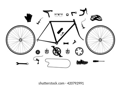 Road bicycle parts and accessories silhouette set, elements for infographic and etc.