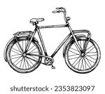 Road Bicycle. Vector hand drawn illustration of urban retro classic Bike on isolated white background painted by black inks in outline style. Drawing of city vintage cute transport with cycle wheels.