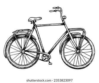 Road Bicycle. Vector hand drawn illustration of urban retro classic Bike on isolated white background painted by black inks in outline style. Drawing of city vintage cute transport with cycle wheels.