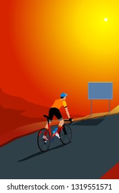 road bike cyclist climbing. with empty sign. vectoral illlustration. 