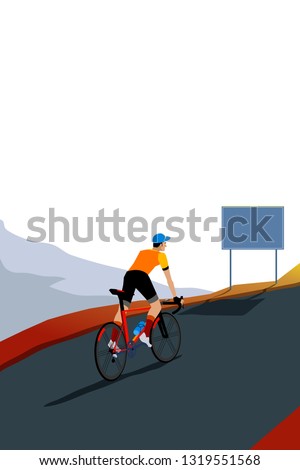 road bike cyclist climbing. with empty sign. vectoral illlustration. white background isolated.