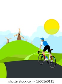 escalada en bicicleta de carretera. molinos de fondo. ilustración vectoral. 