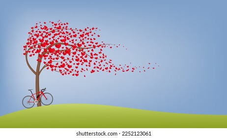 Road bike parked under the tree of love on grass hill background for Valentine's day decorations illustration vector.