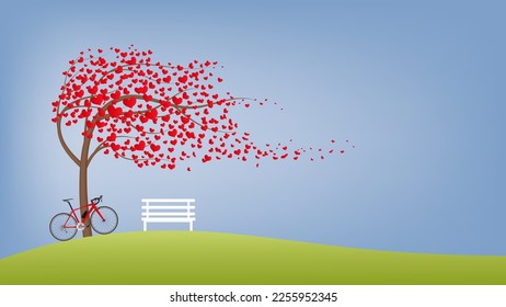 Bicicleta de carretera estacionada bajo el árbol del amor con silla blanca de madera en el fondo de la colina de césped para la decoración del día de San Valentín vector de ilustración.
