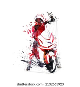 Road bike racing. Biker celebrates victory, low polygonal isolated vector ilustration, geometric drawing from triangles. Motorbike sport logo