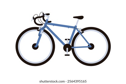 Road bike, side view. Modern bicycle, wheeled eco-friendly cycle transport with pedals and frame. Urban travel vehicle with pedals. Flat graphic vector illustration isolated on white background