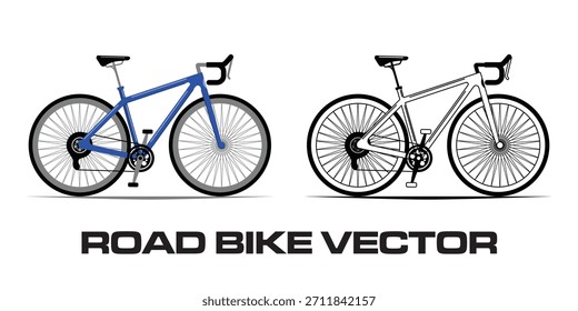 Ilustración vectorial de bicicleta de carretera, con dos diseños de bicicleta modernos en vista lateral completa. La obra de arte muestra una bicicleta de carretera de color y una versión de contorno monocromo.