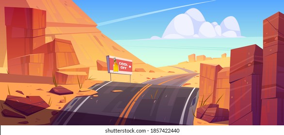 Road and billboard in desert with red rocks. Vector cartoon landscape of hot sand desert with highway turn, advertising banner with beer bottle and orange mountains