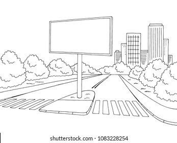 Road billboard graphic black white city landscape sketch illustration vector