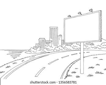 Road billboard graphic black white city landscape sketch illustration vector