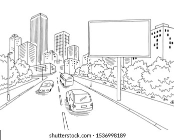 Road billboard graphic black white city street landscape sketch illustration vector