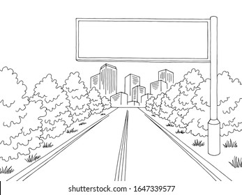 Road billboard graphic black white city street landscape sketch illustration vector