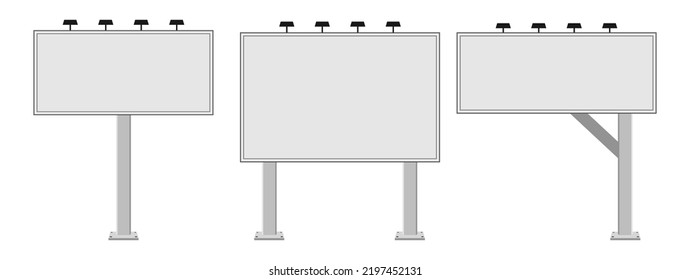 Road billboards realistic templates set. Advertisement panels horizontal outdoor mock ups set. Street ads illuminated hoarding empty blank layout. Vector illustration