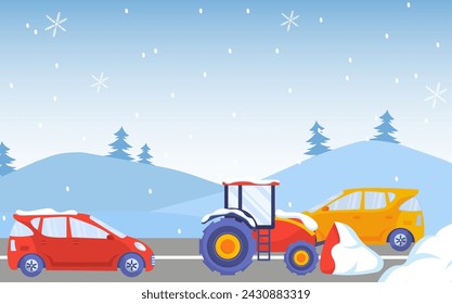 Road in blizzard. Cars and tractors at highway near hills with Christmas tree. Winter season with cold weather and snowfall. Beautiful natural landscape. Cartoon flat vector illustration