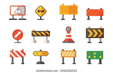 Straßenblockade und Fußgängerbarriere editierbare Strichumrisssymbole auf weißem Hintergrund, flache Vektorillustration