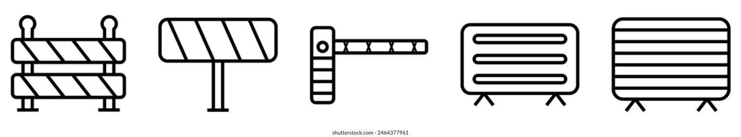 Road block and pedestrian barrier editable stroke thin linear outline icons set isolated vector illustration.