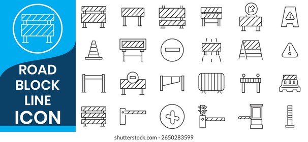 Bloque de carretera y barrera peatonal delgados iconos de contorno lineal conjunto aislado sobre fondo blanco Ilustración vectorial plana.