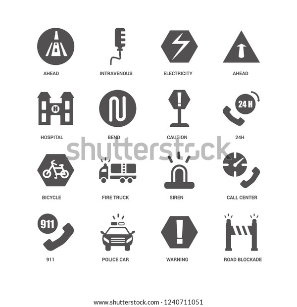 Road blockade, Bend, Ahead,\
Intravenous, Call center, Siren, Fire truck, Warning icon 16 set\
EPS 10 vector format. Icons optimized for both large and small\
resolutions.