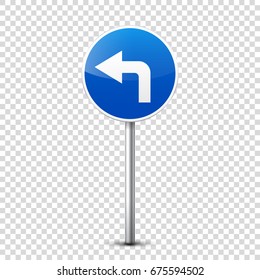 Road blue signs collection isolated on transparent background. Road traffic control.Lane usage.Stop and yield. Regulatory signs. Curves and turns.