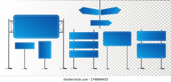 Road blue traffic signs set. Blank board with place for text. Mockup. Isolated information sign. Direction. Vector illustration EPS 10