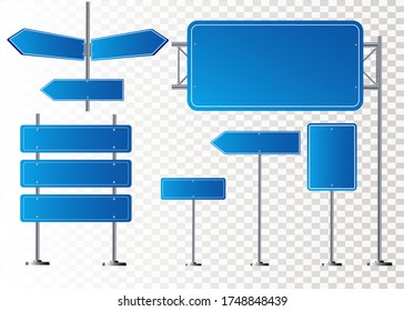 Road blue traffic signs set. Blank board with place for text. Mockup. Isolated information sign. Direction. Vector illustration EPS 10