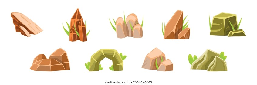 Road Boulder and Solid Stone with Grass Vector Set