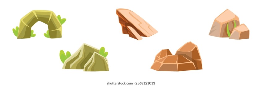 Road Boulder and Solid Stone with Grass Vector Set