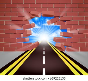 A road breaking through a brick wall, concept for opportunity