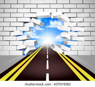 A road breaking through a white brick wall, concept for overcoming adversity or obstacles in life or in business