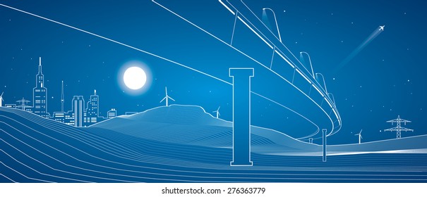 Road bridge in the desert, the city in the background, vector design art
