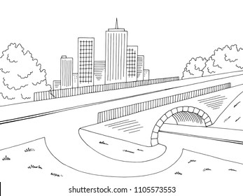 Road bridge graphic black white landscape city sketch illustration vector