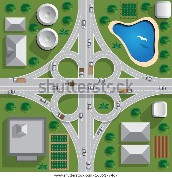 Road bridge. Road junction. View from\
above. Vector\
illustration.