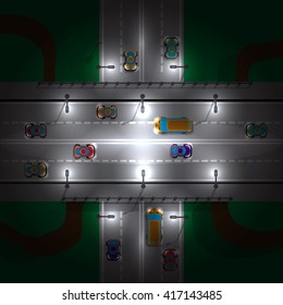 Road bridge at night.  View from above. Vector illustration. 
