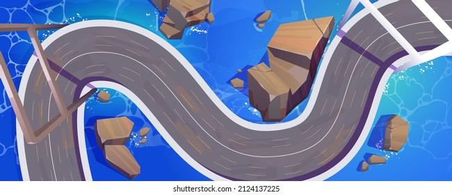 Road Or Bridge Top View, Winding Highway Over Sea Water Surface. Cartoon Overhead Background With Modern City Infrastructure, Two Lane Curve Asphalt Pathway, Route Direction Vector Illustration