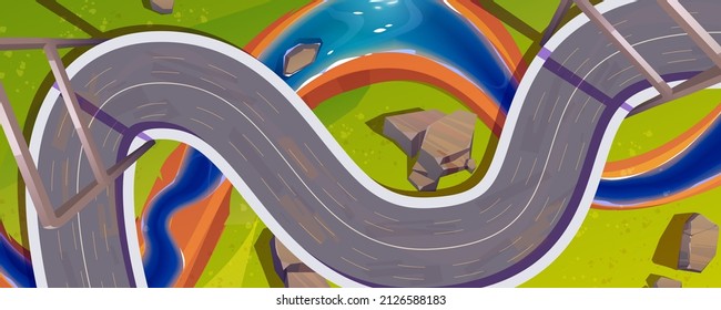 Road Or Bridge Top View, Winding Highway Over Green Field, River And Rocks. Cartoon Overhead Background With Modern Infrastructure, Two Lane Curve Asphalt Pathway, Route Direction Vector Illustration