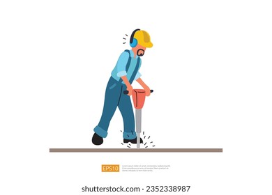 Road Builder character In Headphones Drills With Jackhammer. Vector Illustration of Construction Worker Character