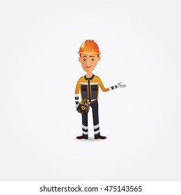 Road builder man. Funny cartoon handyman. Handyman wearing work clothes and a belt with tools. Road builder man character isolated - vector illustration.