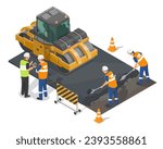 Road building construction site engineer work with worker and yellow Double Drum roller cartoon isometric isolated