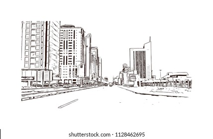 Road with building view of Fujairah is an city on the east coast of the United Arab Emirates (UAE). Hand drawn sketch illustration in vector.