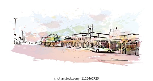 Road with building view of Fujairah is an city on the east coast of the United Arab Emirates (UAE). Watercolor splash with Hand drawn sketch illustration in vector.