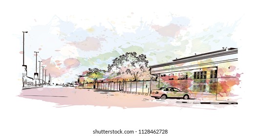 Road with building view of Fujairah is an city on the east coast of the United Arab Emirates (UAE). Watercolor splash with Hand drawn sketch illustration in vector.