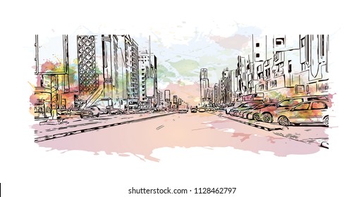 Road with building view of Fujairah is an city on the east coast of the United Arab Emirates (UAE). Watercolor splash with Hand drawn sketch illustration in vector.