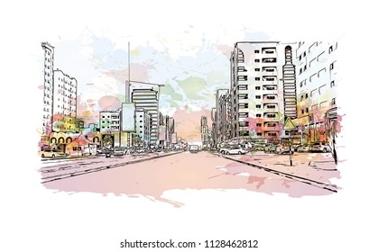 Road with building view of Fujairah is an city on the east coast of the United Arab Emirates (UAE). Watercolor splash with Hand drawn sketch illustration in vector.