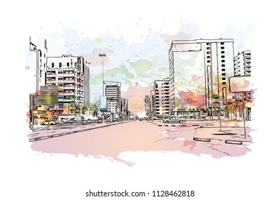 Road with building view of Fujairah is an city on the east coast of the United Arab Emirates (UAE). Watercolor splash with Hand drawn sketch illustration in vector.