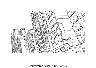 Road with building view of Fujairah is an city on the east coast of the United Arab Emirates (UAE). Hand drawn sketch illustration in vector.