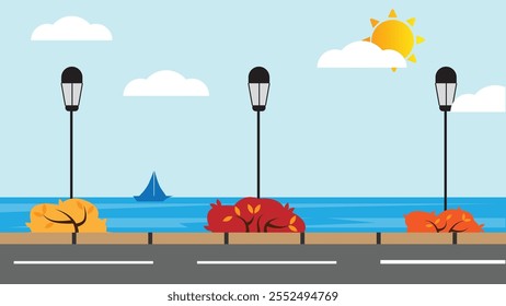Road by the Seaside with Lanterns and Autumn Bushes. City infrastructure and coastal towns vector art