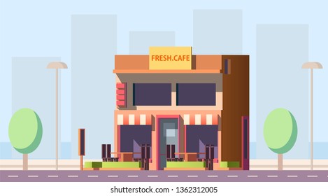 Road cafe, city cafeteria, coffeeshop or fast food street restaurant two-storey building with outdoor seating and mansard flat vector. Small local business, commercial real estate object illustration