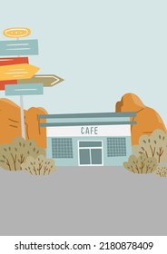 café de carretera en clipart de fondo de montaña, ilustración del vector de viaje de carretera, café retro con imagen de señalización de carretera, paisaje paisajístico, imagen de clip hippie groovy